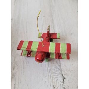Red green stripe wooden airplane ornament Xmas decor